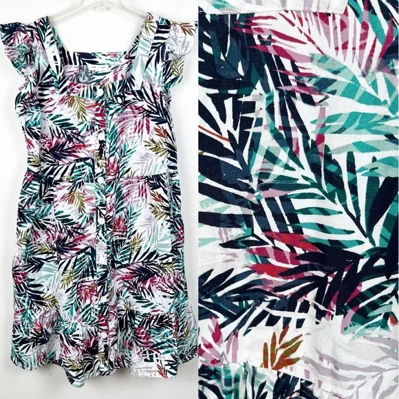 Beach Lunch Lounge Linen Tropical Palm Print Dress Cotton Medium Vacation Cruise - Picture 11 of 11